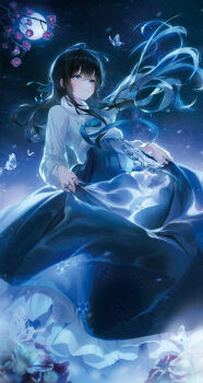  1girl absurdres black_hair blue_eyes blue_ribbon bobmond_16 bug butterfly closed_mouth floating_hair flower hair_between_eyes hair_ribbon hanbok highres incredibly_absurdres insect korean_clothes light_blush long_hair looking_at_viewer moon night original ribbon smile solo very_long_hair white_flower winter 