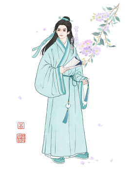  1boy 1girl black_eyes black_hair branch chinese_clothes chinese_commentary chinese_text commentary_request flower full_body hair_bun hair_ornament hair_ribbon hanfu highres holding jiaoling_ruqun leaf lizhi_xiaochaorou long_hair long_sleeves male_focus original ribbon simple_background solo standing tassel topknot white_background wide_sleeves yuntouxie 