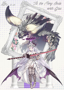  1girl absurdres ahoge alternate_costume alternate_hairstyle armored_boots black_halo blue_archive boots character_request commentary_request cosplay costume_request demon_girl demon_horns demon_wings dress earrings english_text full_body gauntlets hair_between_eyes halo headgear highres hina_(blue_archive) holding holding_sword holding_weapon horns jewelry long_hair looking_at_viewer monster monster_hunter_(character) monster_hunter_(character)_(cosplay) monster_hunter_(series) multicolored_halo necklace pendant purple_eyes sidelocks single_earring smile solo standing sword thigh_boots thighhighs two-tone_halo wavy_hair weapon white_dress white_hair white_thighhighs wings xgao 