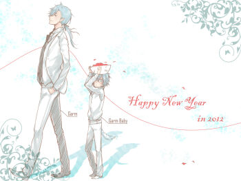  2012 2boys blue_eyes blue_hair bowl character_name closed_mouth commentary_request full_body happy_new_year hatii_(ragnarok_online) holding holding_bowl izumi0016 jacket long_sleeves looking_at_viewer low_ponytail male_focus multiple_boys new_year pants personification ponytail ragnarok_online shirt short_hair smile vest walking white_background white_jacket white_pants white_shirt white_vest 