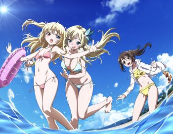 3girls :o aqua_eyes armpits beach bikini black_eyes black_hair blonde_hair blue_bikini blue_eyes blue_sky blush boku_wa_tomodachi_ga_sukunai breasts brown_eyes brown_hair bug butterfly butterfly_hair_ornament cleavage day fang fish front-tie_bikini_top front-tie_top glasses groin hair_ornament halterneck hasegawa_kobato heterochromia hood hoodie innertube insect ishii_kumi kashiwazaki_sena large_breasts long_hair multiple_girls navel official_art open_clothes open_mouth outdoors pink_bikini ponytail ribbon shiguma_rika side-tie_bikini_bottom sky small_breasts smile splashing string_bikini sun swim_ring swimsuit tankini teeth thigh_gap twintails two_side_up upper_teeth_only watanabe_yoshihiro wrist_ribbon rating:Sensitive score:83 user:danbooru