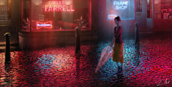  1girl black_eyes black_hair black_shoes blouse blurry bracelet candle closed_mouth dark depth_of_field door female_focus framed hair_bun holding holding_umbrella jewelry light long_skirt looking_at_viewer neon_lights night original outdoors painting_(object) pavement picture_frame plant post rain reflective_floor road shirt shoes shop sign signature single_hair_bun skirt solo standing street tamaki_(tamaki_illust) transparent transparent_umbrella umbrella white_legwear white_shirt window yellow_skirt  rating:Sensitive score:4 user:danbooru