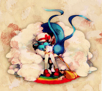  00s altaria bag brown_hair newsboy_cap closed_eyes cloud evolutionary_line gen_3_pokemon hat hug lyra_(pokemon) nintendo oru_(hone_oru) pokemon pokemon_(creature) pokemon_hgss rainbow rainbow_path sleeping swablu thighhighs twintails white_thighhighs 