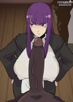  1boy 1girl aroused artist_name averting_eyes black_robe blunt_bangs breasts bulge commentary covered_erect_nipples dark-skinned_male dark_skin dress english_commentary erection fern_(sousou_no_frieren) hands_on_own_hips hetero highres huge_breasts huge_penis impossible_clothes impossible_dress indoors interracial long_hair looking_to_the_side male_pubic_hair open_mouth penis pov pubic_hair purple_eyes purple_hair qum_(c00mbrain) robe sidelocks sousou_no_frieren speech_bubble sweatdrop veins veiny_penis very_dark_skin white_dress wooden_floor 