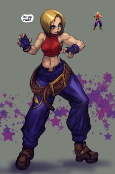 1girl blonde_hair blue_eyes blue_mary breasts covered_erect_nipples denim english_text fatal_fury fighting_stance fingerless_gloves gloves half-closed_eyes highres jeans large_breasts legs makeup midriff navel pants parted_lips red_lips short_hair smile snk solo teeth the_king_of_fighters thighs toned