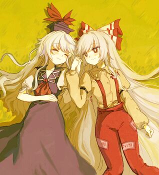  2girls blue_hair blush bow closed_eyes closed_mouth collared_shirt dress fujiwara_no_mokou grass grey_shirt hair_bow hair_spread_out hat highres holding_hands kamishirasawa_keine long_hair long_sleeves lying multiple_girls ofuda ofuda_on_clothes on_back on_grass pants puffy_short_sleeves puffy_sleeves red_eyes red_pants seiryo0425 shirt short_sleeves smile suspenders touhou very_long_hair white_bow white_hair yuri 