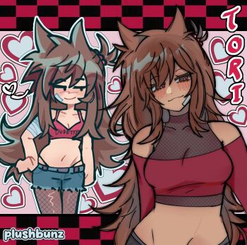  1girl :3 alternate_costume animification antenna_hair artist_name bandage_on_cheek bandaged_arm bandages bare_shoulders blush bra breasts bright_pupils brown_hair character_name cherry_(plushbunz) cleavage clothes_writing commentary denim denim_shorts eddsworld english_text fishnet_pantyhose fishnet_top fishnets flipped_hair hair_bobbles hair_ears hair_ornament hand_on_own_hip heart large_breasts long_hair long_sleeves looking_at_viewer midriff multiple_views navel off-shoulder_shirt off_shoulder official_alternate_costume outline pantyhose red_bra red_eyes red_shirt shirt shorts sidelocks smile solo_focus standing thick_lineart tori_(eddsworld) underwear white_outline white_pupils 