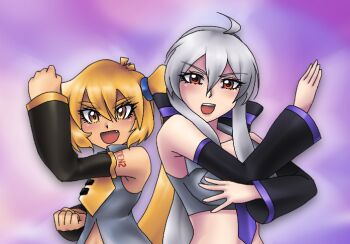  2girls ahoge akita_neru arm_up bad_tag blonde_hair bow colorful_background crop_top detached_sleeves futari_wa_precure_splash_star grey_shirt hair_bow hair_ornament kostcop looking_at_viewer multiple_girls navel necktie open_mouth ponytail precure red_eyes shirt side_ponytail smile thick_eyebrows vocaloid white_hair yellow_eyes yowane_haku 