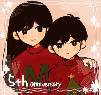  1boy 1girl anniversary arm_behind_back arms_at_sides black_eyes black_hair blush bright_pupils brother_and_sister chinese_commentary christmas_sweater christmas_tree_print chromatic_aberration closed_mouth clothes_writing commentary_request double-parted_bangs fingernails flat_chest hair_behind_ear hair_between_eyes hand_on_another's_shoulder hatching_(texture) highres inset_border long_hair long_sleeves looking_at_another looking_at_viewer mari_(faraway)_(omori) mari_(omori) official_alternate_costume omori orange_background outline puffy_long_sleeves puffy_sleeves red_sweater ribbed_sweater short_hair siblings simple_background smile star_(symbol) straight-on straight_hair sunny_(omori) sweater turtleneck turtleneck_sweater upper_body uuuu_myu very_short_hair white_outline white_pupils 