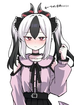  1girl absurdres arrow_(symbol) black_hair black_horns black_skirt blue_archive blush bright_pupils closed_mouth commentary_request hair_between_eyes highres horns kayoko_(blue_archive) long_hair long_sleeves looking_at_viewer multicolored_hair nyanzai-sensei pink_shirt pleated_skirt red_eyes shirt shirt_tucked_in skirt smile solo twintails two-tone_hair upper_body white_background white_hair white_pupils 