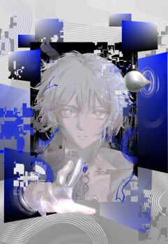  1boy absurdres arknights bright_pupils chinese_commentary closed_mouth colored_skin commentary_request cropped_shoulders glitch grey_eyes grey_hair grey_skin hair_between_eyes highres ji_ye-alexiel looking_at_viewer male_focus outstretched_hand short_hair solo surreal thorns_(arknights) thorns_the_lodestar_(arknights) white_pupils 