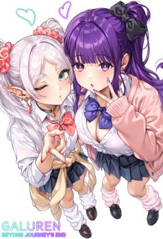  2girls absurdres alternate_costume black_bow black_choker black_shoes black_skirt bow bowtie breasts brown_shoes cardigan cardigan_around_waist choker cleavage clothes_around_waist collared_shirt commentary_request contemporary fern_(sousou_no_frieren) frieren from_above green_eyes grey_hair gyaru gyaru_v hair_bow hair_ornament hair_scrunchie heart highres large_breasts loafers long_hair looking_at_viewer loose_socks multiple_girls one_eye_closed open_cardigan open_clothes parted_bangs parted_lips pink_cardigan pink_socks pleated_skirt ponytail purple_bow purple_bowtie purple_eyes purple_hair red_bow red_bowtie red_scrunchie school_uniform scrunchie shashaki shirt shoes sidelocks simple_background skirt small_breasts socks sousou_no_frieren standing v white_background white_shirt white_socks yellow_cardigan 