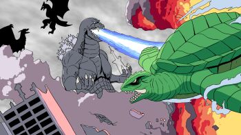 atomic_breath beak breath_weapon building clawed_wings claws cloud cloudy_sky crest crossover daiei_film day destruction dinosaur energy energy_beam explosion fire flippers flying gamera gamera:_guardian_of_the_universe gamera_(series) gamera_2:_attack_of_legion giant giant_monster godzilla godzilla_(series) godzilla_vs._mechagodzilla_ii green_eyes gyaos horns kaiju monster mouth_beam no_humans no_pupils nyoki_naioki overcast plasma plasma_beam pteranodon pterosaur rodan sharp_teeth silhouette sky skyscraper smoke spikes steam super_gyaos talons teeth toho tower turtle turtle_shell tusks white_eyes wings