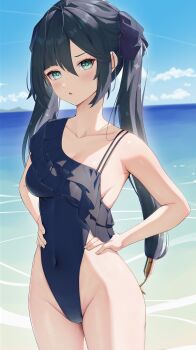 1girl :o absurdres alternate_costume aqua_eyes asymmetrical_one-piece_swimsuit bare_arms bare_shoulders black_one-piece_swimsuit black_ribbon blue_sky breasts clothing_cutout cloud commentary covered_navel cowboy_shot day frilled_one-piece_swimsuit frills genshin_impact hair_between_eyes hair_ribbon highleg highleg_one-piece_swimsuit highres looking_at_viewer medium_breasts mona_(genshin_impact) ocean one-piece_swimsuit outdoors paid_reward_available parted_lips ponytail_holder ribbon rosumerii side_cutout sidelocks single-shoulder_one-piece_swimsuit single_bare_shoulder sky solo spaghetti_strap standing swimsuit thighs twintails rating:Sensitive score:75 user:danbooru