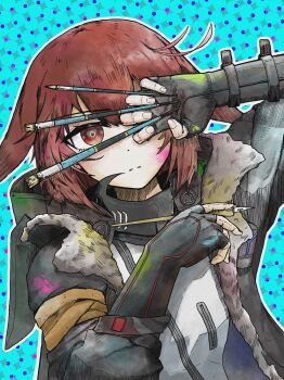  1girl absurdres aqua_background arknights arm_up black_coat black_gloves blue_background chinese_commentary closed_mouth coat commentary_request crownslayer_(arknights) diamond-shaped_pupils diamond_(shape) expressionless fingerless_gloves fur-trimmed_coat fur_trim gloves hair_flaps hand_over_eye hand_up highres holding holding_paintbrush holding_pen hood hood_down hooded_coat jacket nib_pen_(object) one_eye_covered open_clothes open_coat paint_splatter paint_stains paintbrush patterned_background pen reach_(aavv2223) red_eyes red_hair solo symbol-shaped_pupils upper_body white_jacket 