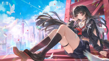  1girl absurdres arm_cutout black_choker black_hair black_jacket black_serafuku black_shirt black_skirt black_socks blue_sky breasts chisa_(wuthering_waves) choker closed_mouth clothing_cutout crop_top day feathers hand_up high_up highres jacket logo long_hair long_sleeves looking_at_viewer medium_breasts missing_commentary neckerchief official_art outdoors petals red_eyes red_neckerchief red_petals sailor_collar school_uniform serafuku shirt sitting skirt sky smile socks solo white_feathers white_sailor_collar wuthering_waves 