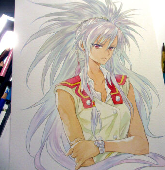  1girl agahari art_brush art_tools_in_frame big_hair buttons collared_shirt commentary_request cropped_torso dark-skinned_female dark_skin double-breasted grey_hair hair_ornament hand_on_own_arm hikari_fubuki jacket l_no_kisetsu long_hair paintbrush painting_(medium) parted_lips photo_(medium) red_eyes red_sailor_collar sailor_collar school_uniform shirt sleeveless sleeveless_jacket solo spiked_hair tassel traditional_media very_long_hair watch white_shirt wristwatch yellow_jacket 