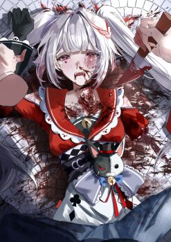  1girl 1other absurdres amputee argyle_clothes argyle_sleeves bell black_gloves black_hat black_sash blood blood_drip blood_from_mouth blood_in_hair blood_on_clothes blood_on_face blood_on_ground blood_on_neck bloody_knife blue_bow blue_bowtie blue_pants blush bow bowtie braid braided_bangs breasts bruise bruise_on_face bruised_eye center-flap_bangs clip_studio_paint_(medium) clothing_cutout club_(shape) commentary_request cuts decapitation deep_wound denim diamond_(shape) diamond_facial_mark disembodied_hand dress facial_mark gloves guro hair_intakes hat heart heart_facial_mark held_down highres holding holding_knife holding_weapon honkai:_star_rail honkai_(series) injury jeans jingle_bell knife long_hair long_sleeves looking_at_viewer lying mark_under_eye medium_breasts monocle multicolored_hair neck_bell nosebleed nostrils obi on_back on_ground open_mouth pants pov pov_crotch pov_hands print_dress red_eyes red_sailor_collar red_streaks restrained reverse_grip ryona sailor_collar sailor_dress sash scared shoulder_cutout sidelocks solo_focus sparkle_(honkai:_star_rail) sparxie_(honkai:_star_rail) spread_legs stab straddling streaked_hair stuffed_animal stuffed_rabbit stuffed_toy sugararu tears top_hat twintails underbust upper_body weapon white_dress white_hair white_trim 