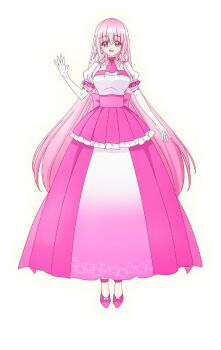  1girl ascot back_bow bow breasts commentary_request dress elbow_gloves full_body gloves highres konoha_magnolia large_breasts looking_at_viewer official_art open_mouth pink_ascot pink_bow pink_dress pink_eyes pink_hair pink_shoes puffy_short_sleeves puffy_sleeves ribbon-trimmed_gloves ribbon_trim second-party_source shoes short_sleeves smile solo tensei_akujo_no_kuro_rekishi transparent_background two-tone_dress white_dress white_gloves 