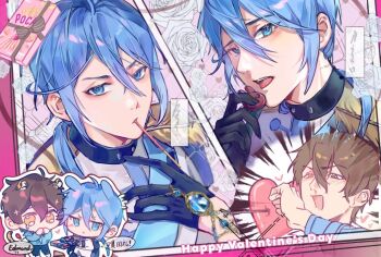  2boys :< ahoge animal_ears antenna_hair arrow_through_heart averting_eyes bishie_sparkle black_collar black_gloves blue_eyes blue_gem blue_hair blue_jacket blue_pants blue_sash blush border box bracelet brown_eyes brown_hair chibi chibi_inset chocolate clenched_hand collar collared_jacket commentary_request covering_own_mouth double-parted_bangs edmond_(nu_carnival) eiden_(nu_carnival) emphasis_lines epaulettes flower flying_sweatdrops food food_in_mouth from_above gem gift gift_box giving gloves gold_bracelet hair_between_eyes hair_over_shoulder hand_on_own_chest hand_up happy_valentine heart heart_background holding holding_chocolate holding_food jacket jewelry kemonomimi_mode long_hair long_sleeves looking_at_viewer low_ponytail male_focus multiple_boys multiple_views nu_carnival open_mouth outline pants pink_background pink_border pleading_eyes pocky pocky_box pocky_in_mouth ponytail rabbit_boy rabbit_ears raised_eyebrows rinbow_yu rose sash short_hair sparkle tail teardrop teeth tiger_boy tiger_ears tiger_tail tongue upper_teeth_only v-shaped_eyebrows valentine white_flower white_jacket white_outline white_pants white_rose yaoi yellow_eyes 