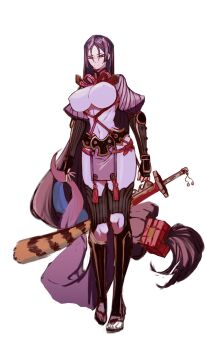 1999narurato 1girl arm_guards armor black_gloves bodysuit breasts commentary_request covered_erect_nipples covered_navel doujigiri_yasutsuna_(fate) fate/grand_order fate_(series) fingerless_gloves gloves highres impossible_bodysuit impossible_clothes japanese_armor kote large_breasts loincloth long_hair looking_at_viewer low-tied_long_hair minamoto_no_raikou_(fate) minamoto_no_raikou_(second_ascension)_(fate) parted_bangs purple_bodysuit purple_eyes purple_hair ribbed_sleeves rope solo suneate very_long_hair