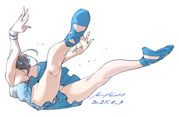 1girl ass ballet_slippers blue_dress breasts brown_hair dress falling full_body highres legs nabipenciller original ponytail short_dress simple_background small_breasts solo white_background 