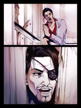  2boys black_hair cheekbones commentary english_commentary eyepatch facial_hair goatee here's_johnny!_(meme) highres jacket kiryu_kazuma long_sleeves majima_goro male_focus mature_male meme multiple_boys mustache open_mouth parody pectoral_cleavage pectorals realistic_teeth red_shirt ryuu_ga_gotoku_(series) scared shirt short_hair the_shining todoroki_ago white_jacket 