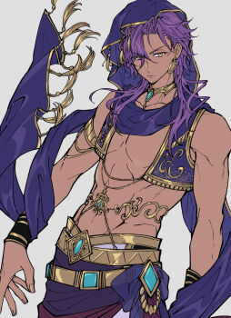  1boy absurdres bright_me_up!!_(ensemble_stars!) closed_mouth commentary_request dark_skin earrings ensemble_stars! fingernails grey_background highres jewelry long_hair looking_at_viewer male_focus official_alternate_costume official_alternate_hair_length official_alternate_hairstyle otogari_adonis purple_hair sen'yaichiya_(ensemble_stars!) simple_background sleepwildbear solo upper_body yellow_eyes 