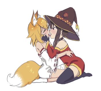  2girls animal_ear_fluff animal_ears asymmetrical_legwear bad_id bad_twitter_id black_legwear blush brown_hair cloak collar crossover eye_contact fang fox_ears fox_girl fox_tail french_kiss half-closed_eyes hat kiss kono_subarashii_sekai_ni_shukufuku_wo! loli long_sleeves looking_at_another lythriac megumin mismatched_legwear multiple_girls open_mouth orange_hair red_eyes ribbon-trimmed_sleeves ribbon_trim senko_(sewayaki_kitsune_no_senko-san) sewayaki_kitsune_no_senko-san simple_background socks tail thighhighs tongue white_background white_legwear witch_hat yellow_eyes yuri  rating:Questionable score:455 user:hunter_2_1