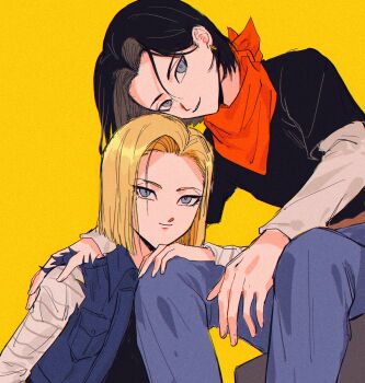  1boy 1girl absurdres ako_(eanaaati1) android_17 android_18 arm_rest bandana bandana_around_neck belt black_hair black_shirt blonde_hair blue_eyes blue_jacket blue_pants breast_pocket bright_pupils brother_and_sister brown_belt chinese_commentary closed_mouth collared_jacket commentary_request curtained_hair denim denim_jacket dragon_ball earrings gold_earrings hand_on_another's_knee hand_on_another's_shoulder highres jacket jewelry layered_sleeves long_sleeves looking_at_viewer open_clothes open_jacket pants parted_bangs parted_lips pocket red_bandana shirt short_hair short_over_long_sleeves short_sleeves siblings simple_background sitting sleeveless sleeveless_jacket smile striped_sleeves twins white_pupils yellow_background 