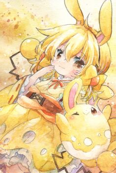  1girl ahoge alternate_color animal_ears azumarill blush bow brown_eyes corset crossed_bangs dress fake_animal_ears frills gen_2_pokemon hair_bow hand_to_own_mouth highres kii_midori medium_hair nintendo one_eye_closed pokemon pokemon_(creature) pokemon_tail rabbit_ears shiny_pokemon tail traditional_media watercolor yellow_background yellow_bow yellow_dress yellow_theme 