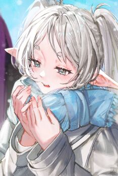  1girl breath elf frieren highres long_sleeves open_mouth pointy_ears scarf solo sousou_no_frieren tenchi_mayo twintails upper_body white_hair  rating:General score:5 user:danbooru