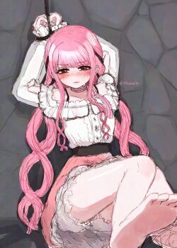  1girl against_wall arms_up artist_name bare_legs barefoot bdsm belt black_belt black_ribbon bloomers blunt_bangs blush bondage bound bound_wrists bra_strap brown_eyes buttons center_frills choker cobblestone collarbone commentary_request embarrassed feet foot_out_of_frame frilled_shirt frilled_skirt frilled_sleeves frills frown furrowed_brow hair_ribbon high-waist_belt high-waist_skirt highres hoop_skirt infinity_nikki lipstick long_hair long_sidelocks long_sleeves low_twintails makeup miniskirt nikki_(nikki) nikki_(series) off-shoulder_shirt off_shoulder parted_lips perfect_start_(infinity_nikki) pink_choker pink_hair pink_skirt puffy_long_sleeves puffy_sleeves red_lips ribbon rope shadow shirt sidelocks single_stripe skirt sleeves_past_wrists snowflakes soles solo striped_choker sweatdrop toes tress_ribbon tsurarin twintails underwear upskirt very_long_hair wavy_hair white_bloomers white_shirt 