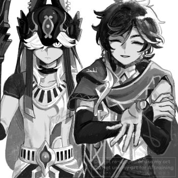  2boys 39_iduki animal_hat choker closed_eyes commentary_request cyno_(genshin_impact) detached_sleeves genshin_impact greyscale hair_between_eyes hair_over_one_eye hand_on_own_arm hat highres looking_at_viewer male_focus monochrome multiple_boys open_mouth polearm sethos_(genshin_impact) shaded_face short_sleeves simple_background upper_body watermark weapon 