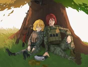  1boy 1girl absurdres an-94 assault_rifle bandage_on_cheek bandage_on_finger bandaid black_boots blonde_hair body_armor boots bulletproof_vest callsign camouflage camouflage_jacket camouflage_pants canister cargo_pants closed_eyes commission commissioner_upload drone dusk falling_leaves fanny_pack fireflies flag_patch frown galician_division ghost grass green_boots green_eyes gun head-mounted_display highres holding holding_removed_patch idi_nahui implied_death international_legion_of_ukraine jacket kenneth_del_duca leaf long_sleeves magazine_(weapon) medium_hair military military_combat_uniform military_uniform morale_patch non-web_source omiglop open_mouth orange_sky original outdoors overgrown pants pensive radio radio_antenna red_hair removed_patch rifle rust sad sitting sky soldier tall_grass tanya_degurechaff tanya_degurechaff_(sleepwalker) torn torn_patch tree tree_shade tryzub ukrainian_flag ukrainian_marine_corps unloaded_gun watch weapon wristwatch yellow_leaves youjo_senki zipper 