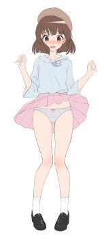  1girl absurdres beret black_shoes blue_shirt blush bob_cut bow bow_panties brown_eyes brown_hair brown_hat clothes_lift collared_shirt commentary_request commission crotch_seam embarrassed full_body gimhyeo09366967 hands_up hat highres korean_commentary loafers miniskirt nose_blush open_mouth original panties pantyshot pigeon-toed pink_skirt pleated_skirt polka_dot polka_dot_panties raised_inner_eyebrows shirt shirt_tucked_in shoes short_hair simple_background skirt skirt_lift small_sweatdrop socks solo standing straight-on three-quarter_sleeves underwear white_background white_panties white_socks wind wind_lift 