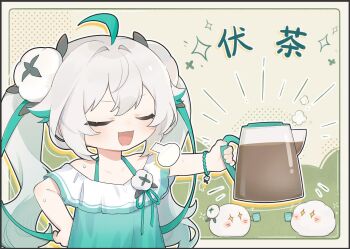  1girl :d ahoge alternate_costume bare_shoulders blush chibi chinese_text closed_eyes collarbone commentary_request cup dress gradient_hair green_dress green_eyes green_hair hair_ornament hand_on_own_hip holding long_hair multicolored_hair off_shoulder official_alternate_hairstyle open_mouth puff_of_air quanmian_shidai ribbon shirt smile smug solo sparkle streaked_hair twintails upper_body wen_xiaomian wenxiaomian_family white_hair 