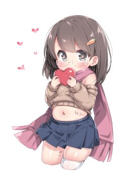  1girl blush body_writing brown_hair carrot_hair_ornament commentary_request cropped_legs food-themed_hair_ornament glasses hair_ornament heart heart-shaped_pupils highres holding navel original pink_scarf scarf simple_background skirt solo sweater symbol-shaped_pupils tamase_tama thighhighs white_background 