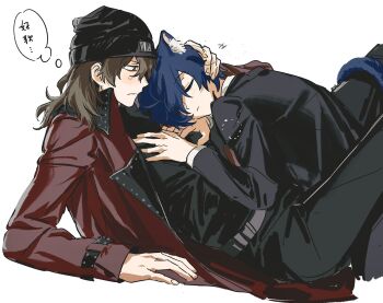  2boys animal_ears aragaki_shinjirou arm_support beanie black_hat black_jacket black_shirt blue_hair bmh_1009 brown_eyes brown_hair cat_boy cat_ears cat_tail closed_eyes closed_mouth coat commentary_request feet_out_of_frame fingernails frown hair_between_eyes hair_over_one_eye hand_on_another's_head hands_on_another's_chest hat highres jacket kemonomimi_mode lapels long_hair long_sleeves looking_at_another male_focus multiple_boys one_eye_covered open_clothes open_coat persona persona_3 reclining red_coat shirt short_hair simple_background sketch sleeping sleeping_on_person speech_bubble tail tail_wrap thought_bubble translation_request white_background yaoi yuuki_makoto_(persona_3) 