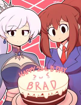  2girls aoyama_nanami birthday_cake brown_hair cake food multiple_girls rwby sakura-sou_no_pet_na_kanojo signature trent_osaki weiss_schnee white_hair  rating:Sensitive score:5 user:klnk