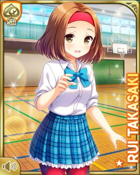1girl blouse bow brown_eyes brown_hair buttons card character_name day female_focus girlfriend_(kari) gym hair_ornament indoors medium_hair official_art open_mouth plaid_clothes plaid_skirt qp:flapper red_bow red_legwear shirt skirt solo tagme takasaki_rui white_shirt
