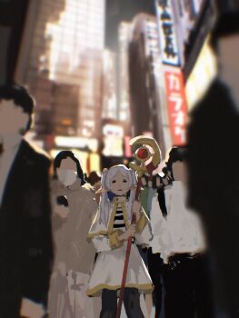  elf frieren highres mage_staff pointy_ears raberu_ruru robe sousou_no_frieren staff white_hair white_robe 