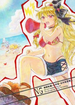 3girls adversarial_noise alternate_costume alternate_hairstyle alternate_headwear alto2019 beach bikini bikini_skirt bikini_top_only black_bow black_choker blonde_hair bow breasts burn_scar choker cleavage cloud collarbone commentary_request crystal crystal_wings eyewear_on_head flandre_scarlet flandre_scarlet_(vampire's_sister_prepared_for_splashes_and_sunlight) flower flying_sweatdrops hair_bow hair_flower hair_ornament hat holding holding_megaphone kirisame_marisa kirisame_marisa_(witch_of_scarlet_dreams) kirisame_marisa_(witch_of_scarlet_dreams_on_vacation) long_hair megaphone multicolored_wings multiple_girls navel ocean open_mouth outdoors ponytail red_bikini red_bow red_eyes remilia_scarlet remilia_scarlet_(vampire_prepared_for_splashes_and_sunlight) sample_watermark sand sandals scar short_shorts shorts signature solo_focus stomach sun sun_hat sunglasses swimsuit touhou touhou_lostword very_long_hair watermark watermark_grid white-framed_eyewear white_bikini white_flower white_hat wings x_(symbol) 