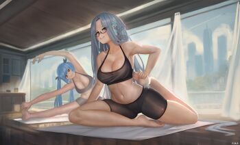  2girls absurdres azur_lane barefoot black_ribbon black_shorts black_sports_bra braid breasts c.h.a cleavage essex_(azur_lane) grey_hair hair_ribbon highres indoors large_breasts long_hair looking_at_viewer multiple_girls navel purple_hair ribbon shangri-la_(azur_lane) shorts smile sports_bra stretching twintails yellow_eyes yoga yoga_mat 