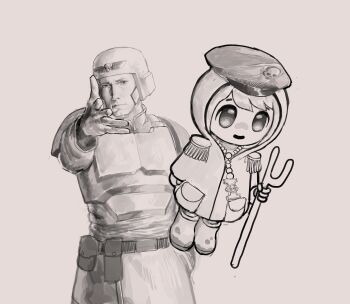  1boy astra_militarum bead_necklace beads belt belt_pouch boots character_doll closed_mouth combat_helmet commentary doll eminem english_commentary epaulettes greyscale hat helmet highres holding holding_staff inquisition_(warhammer) jacket jewelry lips looking_at_viewer luce_(jubilee_2025) meme military_hat military_jacket monochrome necklace nick_xinderz nose pouch realistic skull_ornament soldier staff warhammer_40k white_background woe_plague_be_upon_ye_(meme) 