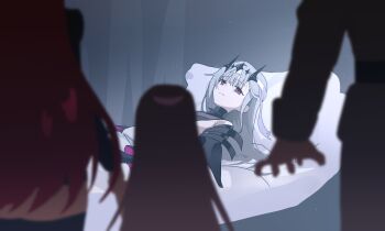  3girls absurdres bandaged_head bandages black_tiara breasts brown_hair commander_(nikke) dress goddess_of_victory:_nikke grey_hair highres long_hair looking_at_viewer modernia_(nikke) modernia_(second_affection)_(nikke) multiple_girls official_alternate_costume official_alternate_design only_one_(nikke) rapi_(nikke) rapi_(red_hood)_(nikke) red_eyes red_hair tiara wge white_gown 