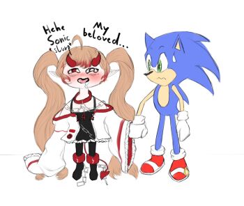 1boy 1girl :3 blonde_hair blush ch4i chain crossover demon_horns devil_girl drooling green_eyes heterochromia holding_hands horns indie_virtual_youtuber jacket long_sleeves norihomu open_mouth pointy_ears red_tail sonic_(series) sonic_the_hedgehog standing twintails white_background white_jacket