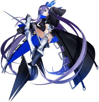  1girl absurdly_long_hair armored_boots black_jacket black_skirt black_thighhighs blue_eyes blue_jacket blue_ribbon blue_skirt boots breasts chain cropped_jacket crotch_plate dynamic_pose expressionless fate/grand_order fate_(series) floating_hair full_body grey_boots grid hair_between_eyes hair_ribbon hand_up high_collar jacket juliet_sleeves knee_spikes knee_up long_hair long_sleeves looking_at_viewer medium_skirt meltryllis_(fate) multicolored_jacket navel official_art parted_lips platform_boots puffy_sleeves purple_hair ribbon showgirl_skirt skirt sleeves_past_fingers sleeves_past_wrists smile solo spikes thighhighs third-party_source two-sided_fabric two-sided_jacket two-sided_skirt variant_set very_long_hair wada_arco white_jacket 