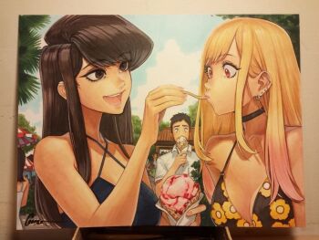  1boy 2girls asymmetrical_hair bikini black_eyes black_hair blonde_hair breasts choker collarbone criss-cross_halter crossover dessert ear_piercing earrings feeding floral_print food furrowed_brow gojou_wakana gradient_hair halterneck holding holding_food holding_ice_cream holding_spoon ice_cream ice_cream_cone jewelry kitagawa_marin komi-san_wa_komyushou_desu komi_shouko long_hair marker_(medium) medium_breasts multicolored_hair multiple_girls omar_dogan open_mouth out_of_character outdoors photo_(medium) piercing pink_hair red_eyes sanpaku sidelocks signature sky sono_bisque_doll_wa_koi_wo_suru spoon swept_bangs swimsuit teeth traditional_media two-tone_hair upper_body upper_teeth_only wide-eyed  rating:General score:61 user:danbooru