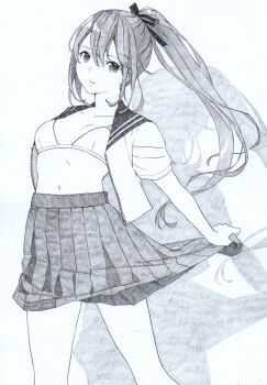  1girl bra clothes_lift commentary_request cowboy_shot double-parted_bangs drop_shadow expressionless graphite_(medium) greyscale hair_between_eyes hair_ribbon highres lifting_own_clothes long_bangs long_hair looking_at_viewer meeya monochrome navel open_clothes open_shirt original pleated_skirt ponytail ribbon sailor_collar school_uniform serafuku shirt short_sleeves skirt skirt_lift solo stomach traditional_media underwear 